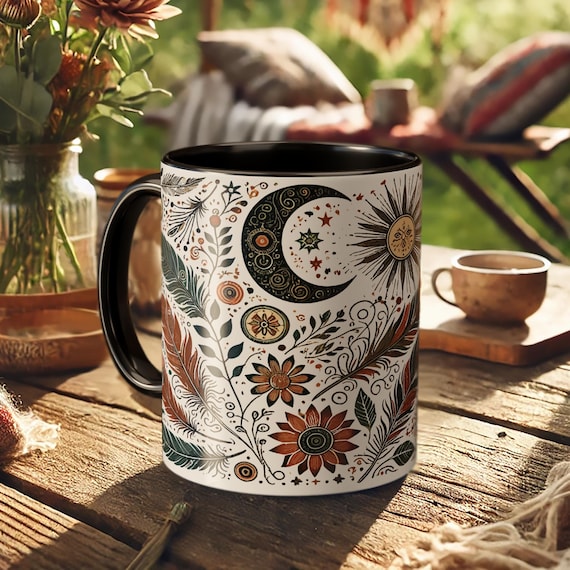 Boho Sun and Moon Mug – Floral Spiritual Coffee Cup with Celestial Art