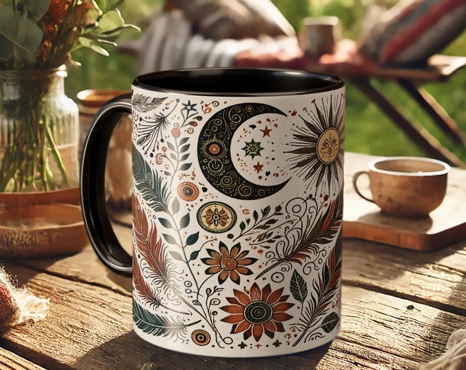 Boho Sun and Moon Mug – Floral Spiritual Coffee Cup with Celestial Art