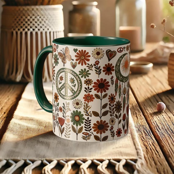 Boho Peace Sign Mug – Floral Coffee Cup with Nature Art