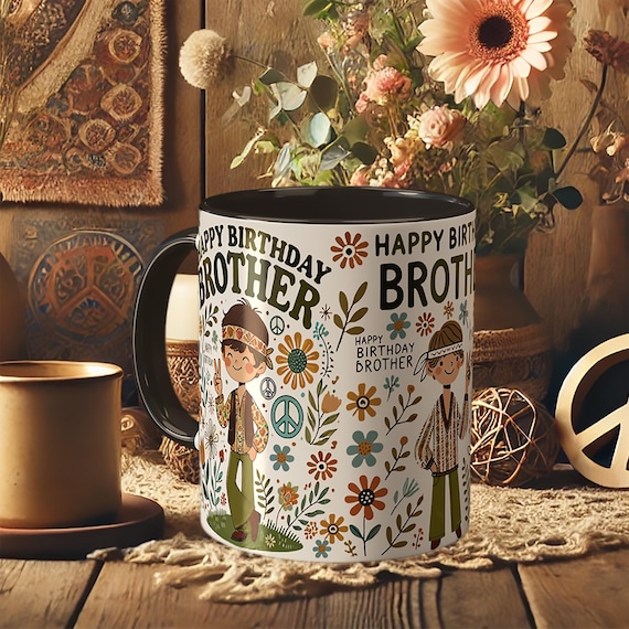Happy Birthday Brother Mug – Boho Floral Peace Sign Coffee Cup