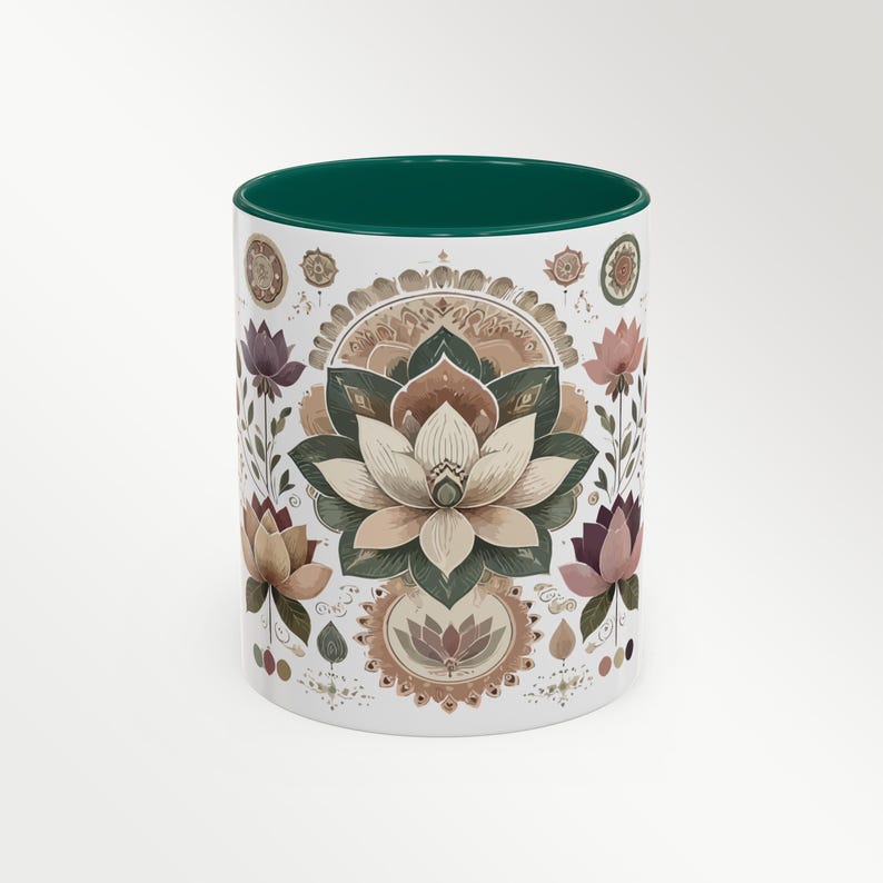 Mandala art mug with a beautifully detailed lotus flower, symbolizing mindfulness and inner peace. This ceramic yoga mug is perfect for meditation drinkware, offering a soothing experience with every sip. A whimsical mug design that blends bohemian elegance with spiritual decor. Great as a gift for yogis, a relaxation gift idea, or a zen kitchen decor piece. Microwave and dishwasher safe for everyday use.