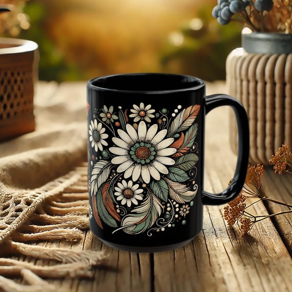 Boho Daisy Mug – Retro Floral Coffee Cup with Black Ceramic Design