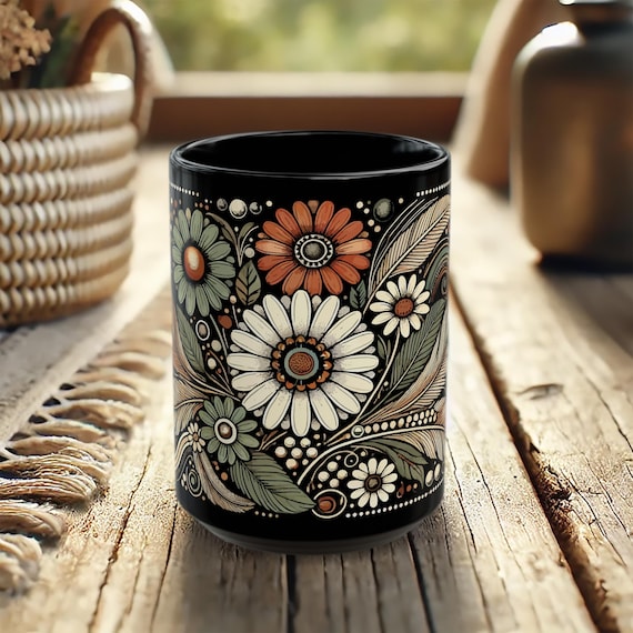 Black Mug with Daisies – Boho Floral Coffee Cup in Cottagecore Style