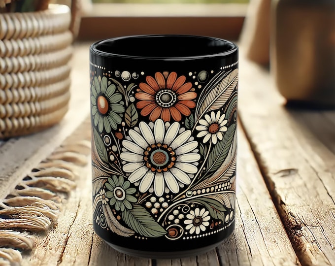 Black Mug with Daisies – Boho Floral Coffee Cup in Cottagecore Style