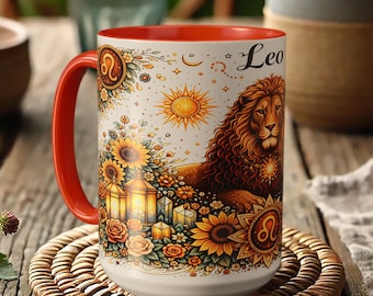 Leo Zodiac Lion Mug – Astrology Coffee Cup, Boho Sun Mandala Design