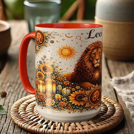 Leo Zodiac Lion Mug – Astrology Coffee Cup, Boho Sun Mandala Design