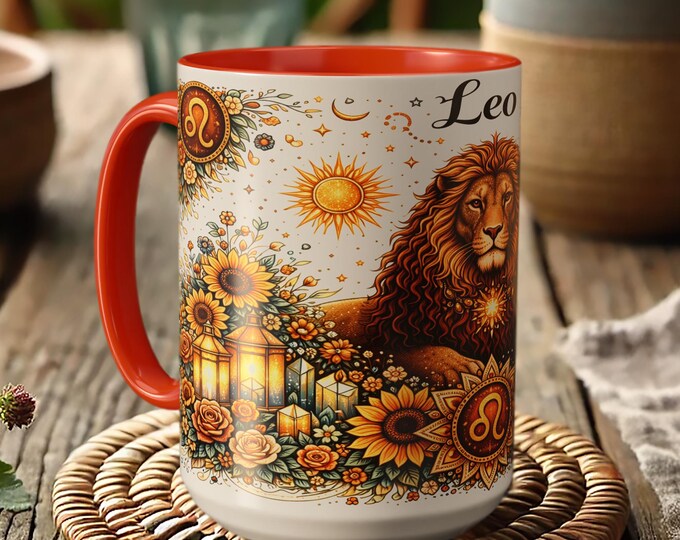 Leo Zodiac Lion Mug – Astrology Coffee Cup, Boho Sun Mandala Design