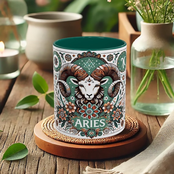 Aries Ram Mug – Boho Astrology Coffee Cup with Mandala Art