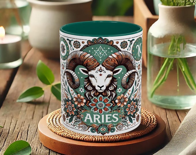 Aries Ram Mug – Boho Astrology Coffee Cup with Mandala Art