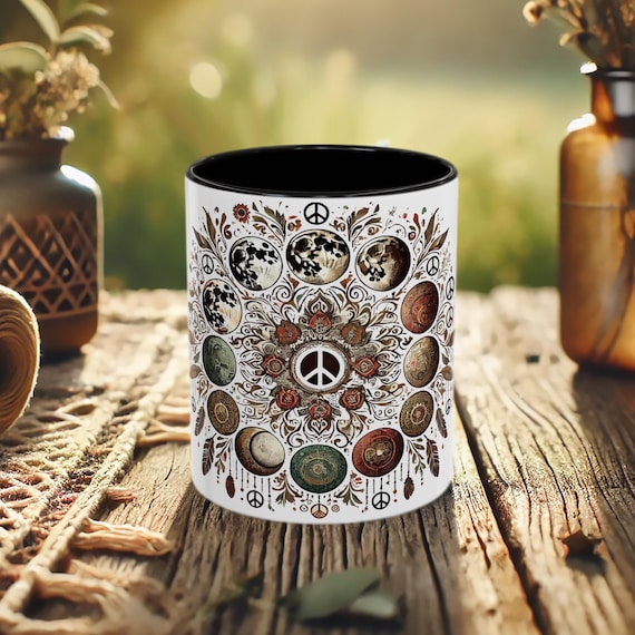 Celestial Peace Sign Mug – Boho Mandala Coffee Cup with Astrology Style