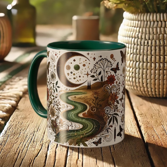 Celestial Moon Mug – Boho Astrology Coffee Cup with Cosmic Landscape