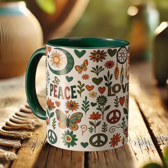 Peace and Love Mug – Retro Floral Coffee Cup with Positive Vibes