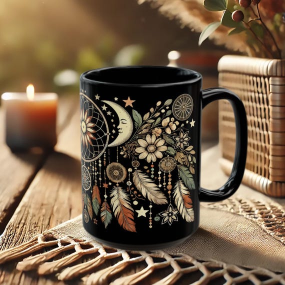 Black Mug with Dreamcatcher – Boho Coffee Cup with Moon Phases