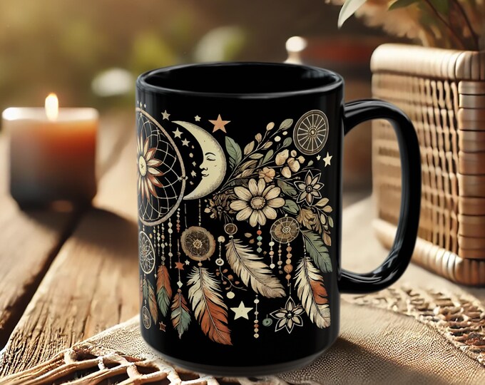Black Mug with Dreamcatcher – Boho Coffee Cup with Moon Phases