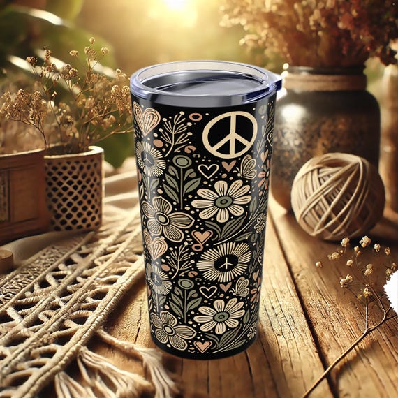 Boho Peace Sign Tumbler – Floral Insulated Travel Mug
