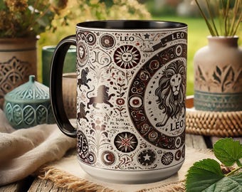 Leo Zodiac Lion Mug – Astrology Coffee Cup, Celestial Sun Design