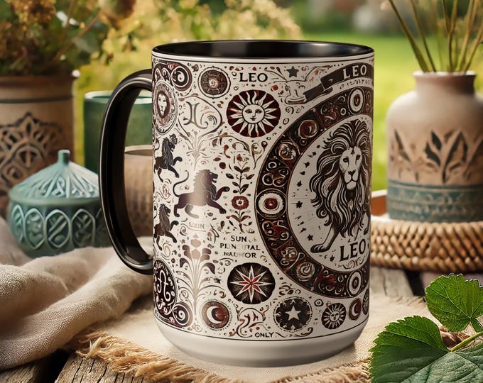 Leo Zodiac Lion Mug – Astrology Coffee Cup, Celestial Sun Design