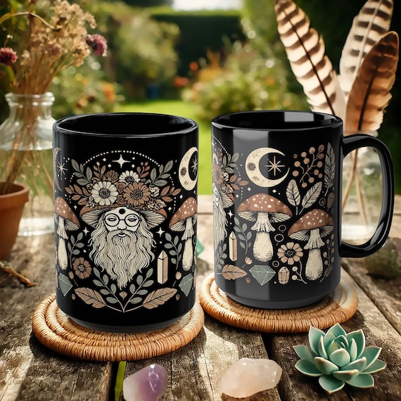 Mystical Forest Wizard Mug – Boho Mushroom Moon Coffee Cup