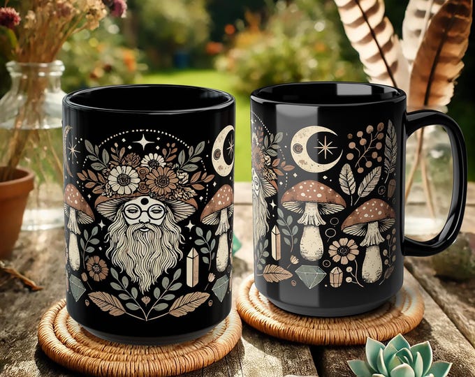 Mystical Forest Wizard Mug – Boho Mushroom Moon Coffee Cup