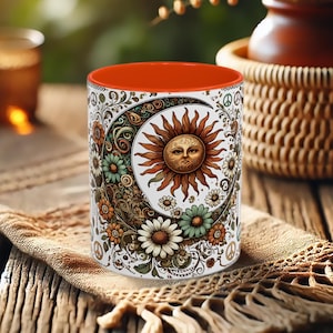 Bohemian Sun and Moon Coffee Mug: Celestial Floral Design