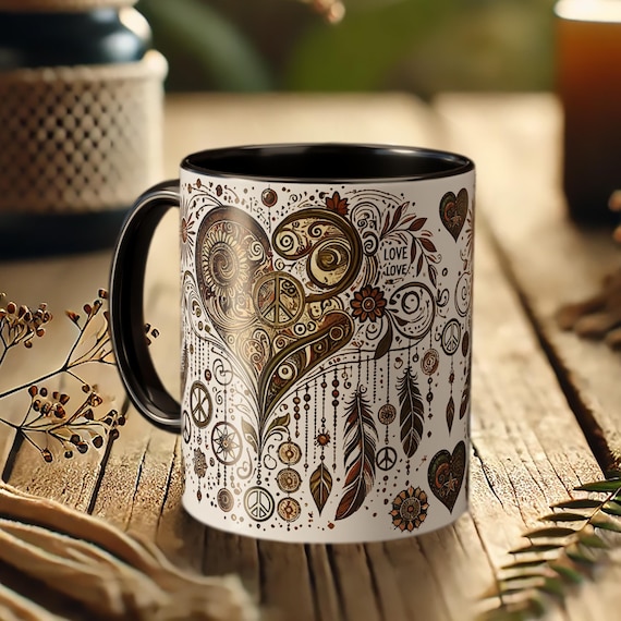 Boho Heart Mug – Mandala Peace Love Coffee Cup, Hippie Gift Mug