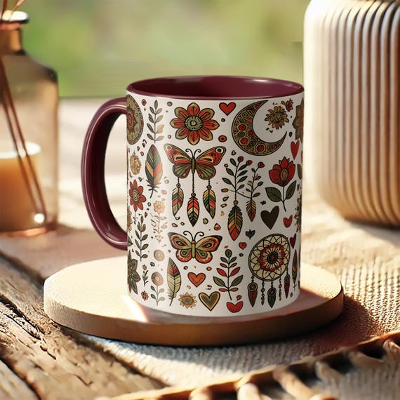 Boho Butterfly Mug – Decorative Floral Mandala Coffee Cup