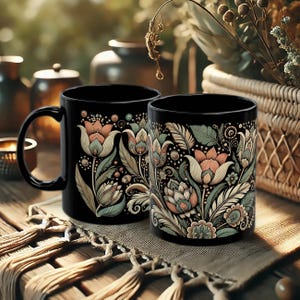 Black ceramic mug featuring a tulip floral design, ideal for tea or coffee enthusiasts. Boho-style artisan coffee cup for bohemian kitchen decor or vintage-inspired gift ideas. A charming addition to your daily routine or a thoughtful present for her