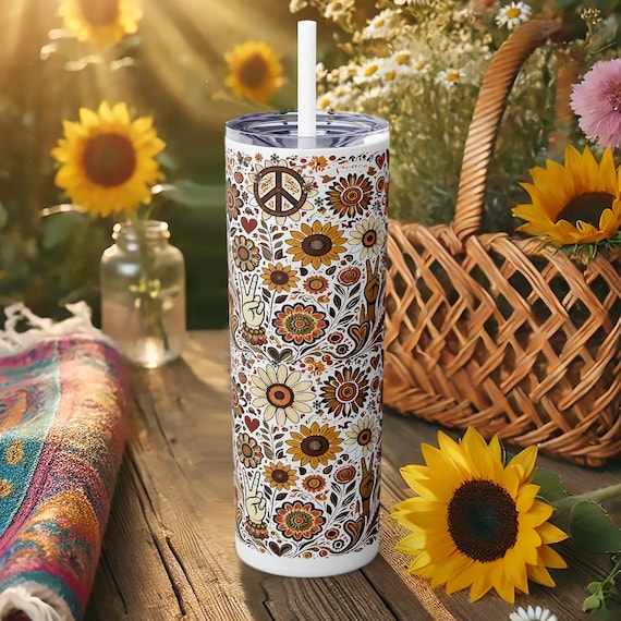 Floral Peace Sign Tumbler – Boho Insulated Travel Cup