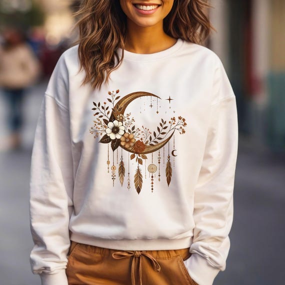 Boho Moon Floral Sweatshirt – Dreamcatcher Feather Spiritual Pullover