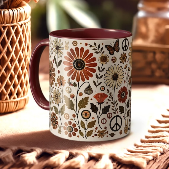 Groovy Flower Mug – 70s Retro Coffee Cup with Hippie Floral Design