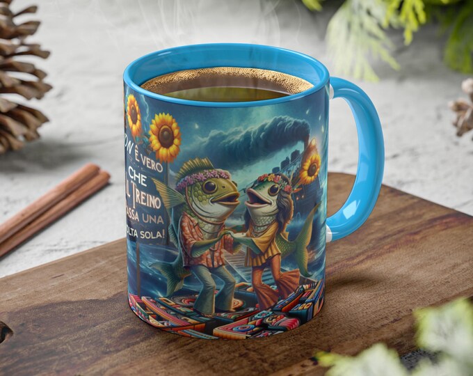Second Chance Mug – Sunflower Coffee Cup with Ocean Train Art
