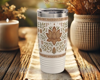 Lotus Tumbler | Boho Floral Stainless Steel Travel Cup with Vintage
