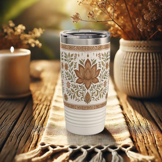 Lotus Tumbler – Boho Floral Stainless Steel Travel Cup with Vintage Style