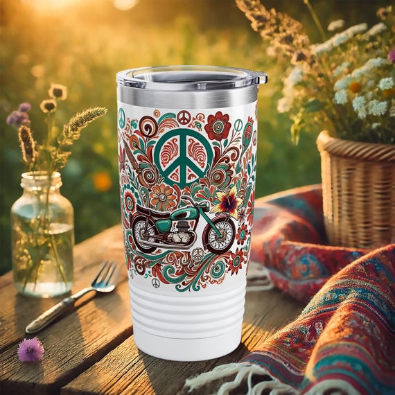 Boho Motorcycle Tumbler – Retro Peace Sign Travel Mug with Floral Art