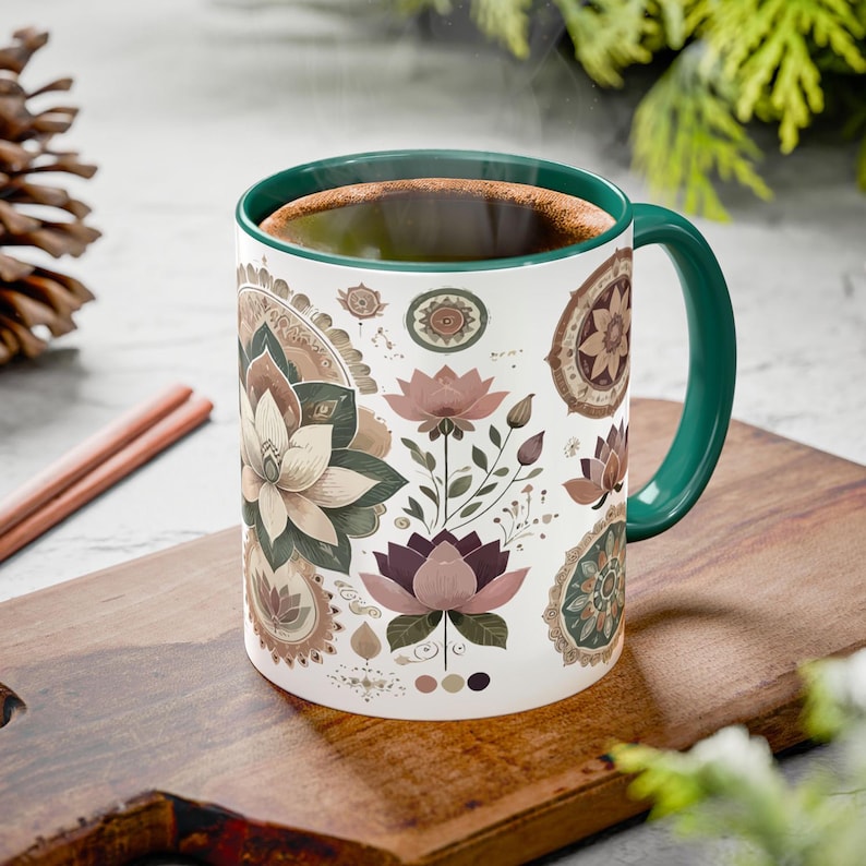 Boho lotus mug featuring an intricate mandala design, perfect for yoga lovers and meditation enthusiasts. This spiritual coffee cup adds a zen touch to any space, making it an ideal gift for yogis and free spirits. High-quality ceramic with a fade-resistant finish, microwave-safe and dishwasher-safe. A unique relaxation gift idea, great for tea, coffee, or matcha lovers who appreciate bohemian and meditative art.