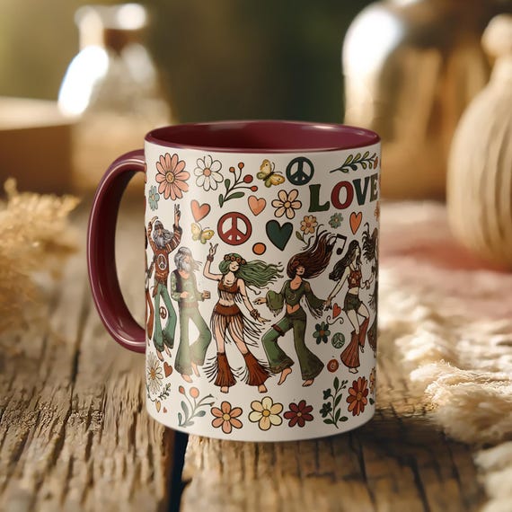 Boho Hippie Dancing Mug – 70s Retro Flower Power Cup