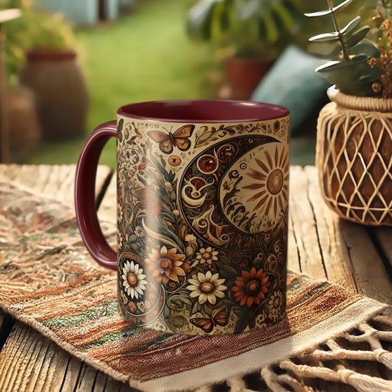 Sun and Moon Butterfly Mug – Boho Celestial Coffee Cup with Floral Mandala