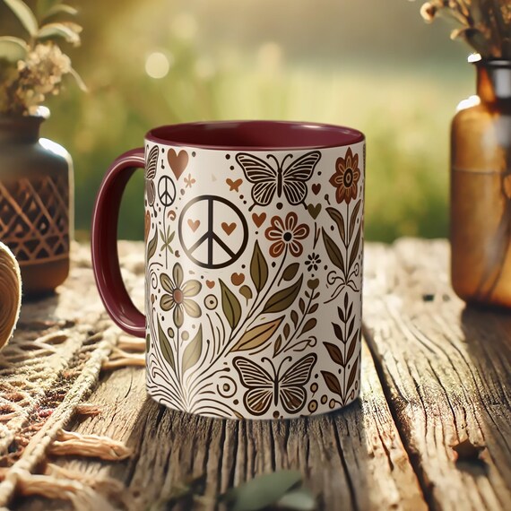 Vintage Butterfly Mug – Boho Peace Sign Coffee Cup with Floral Nature Art