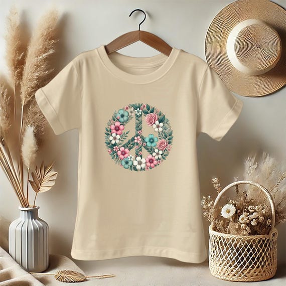Girls Peace Sign Shirt – Boho Floral Kids Tee with Flower Graphic