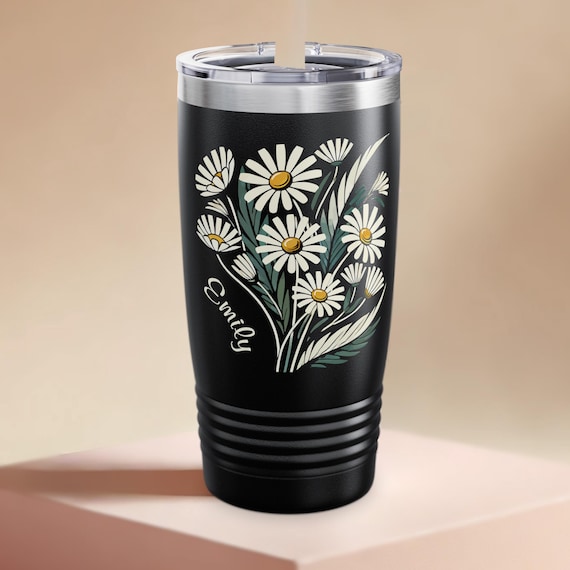 Personalized Daisy Tumbler – Custom Name Floral Insulated Travel Cup