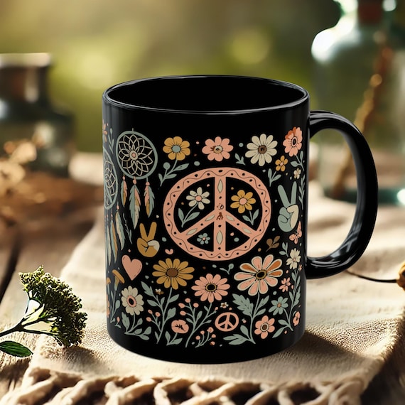 Black Dreamcatcher Mug – Hippie Peace Coffee Cup with Floral Boho Art