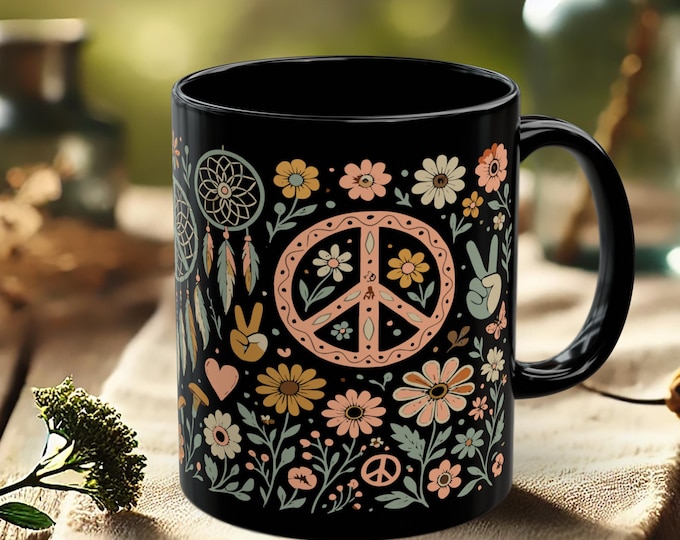 Black Dreamcatcher Mug – Hippie Peace Coffee Cup with Floral Boho Art