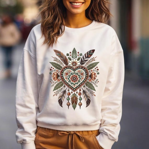 Boho Heart Sweatshirt – Floral Dreamcatcher Pullover for Women