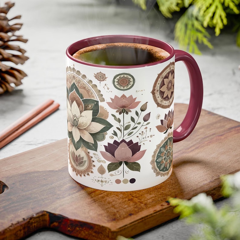 Mandala art mug with a beautifully detailed lotus flower, symbolizing mindfulness and inner peace. This ceramic yoga mug is perfect for meditation drinkware, offering a soothing experience with every sip. A whimsical mug design that blends bohemian elegance with spiritual decor. Great as a gift for yogis, a relaxation gift idea, or a zen kitchen decor piece. Microwave and dishwasher safe for everyday use.