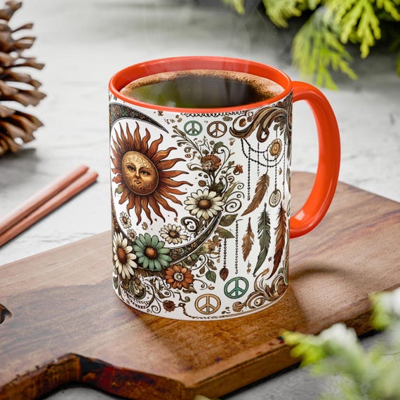 Sun and Moon Mug – Boho Celestial Coffee Cup with Floral Nature Art