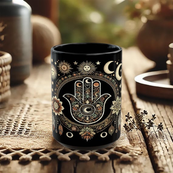 Hamsa Hand Mug – Boho Sun & Moon Coffee Cup, Evil Eye Protection Mug, Spiritual Gift