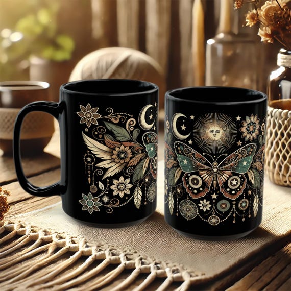 Celestial Butterfly Mug – Boho Moon Coffee Cup with Folk Art Mandala