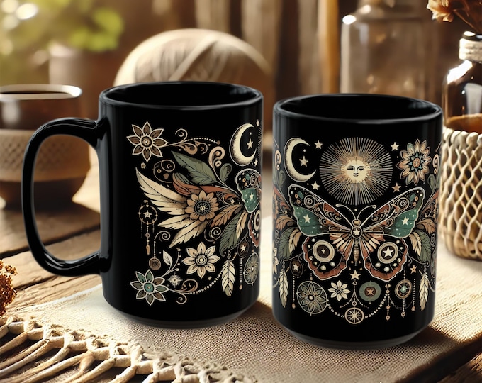 Celestial Butterfly Mug – Boho Moon Coffee Cup with Folk Art Mandala