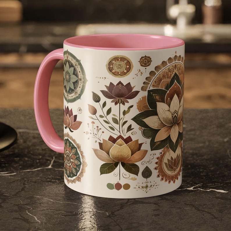 Boho lotus mug featuring an intricate mandala design, perfect for yoga lovers and meditation enthusiasts. This spiritual coffee cup adds a zen touch to any space, making it an ideal gift for yogis and free spirits. High-quality ceramic with a fade-resistant finish, microwave-safe and dishwasher-safe. A unique relaxation gift idea, great for tea, coffee, or matcha lovers who appreciate bohemian and meditative art.