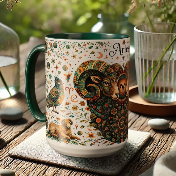 Aries Zodiac Mug – Boho Astrology Coffee Cup with Ram Illustration